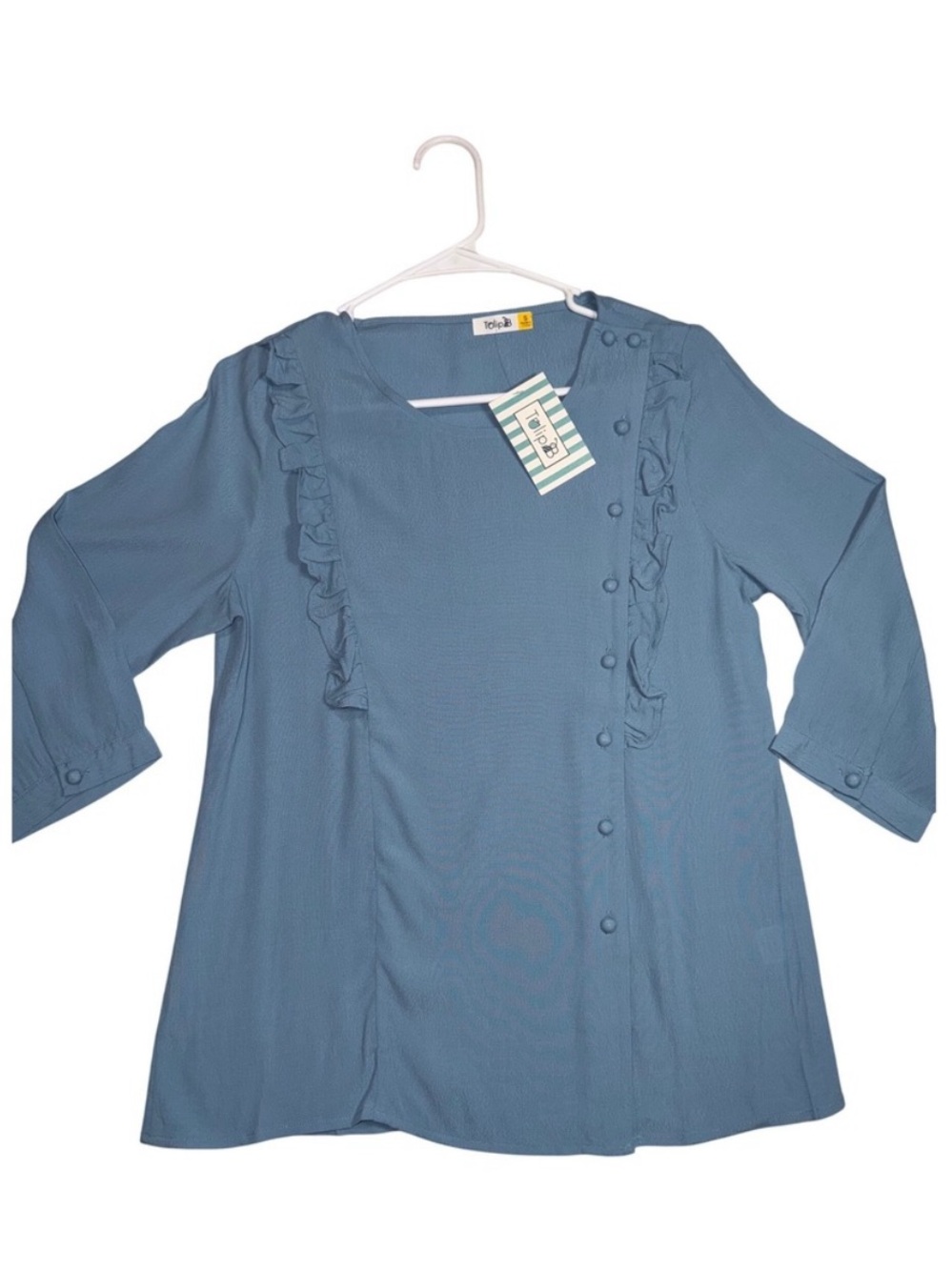 Tulip B Blue Ruffle Front Buttoned Front Retro Vibes Top. Size L & XL - Picture 2 of 4